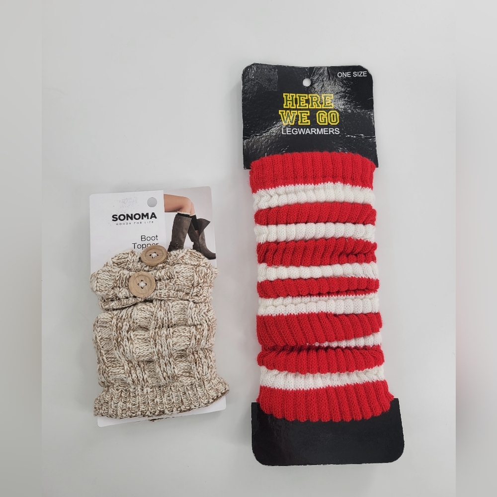 Sonoma Boot Toppers & Here We Go Leg Warmers Red White Stripe Cozy Knit
